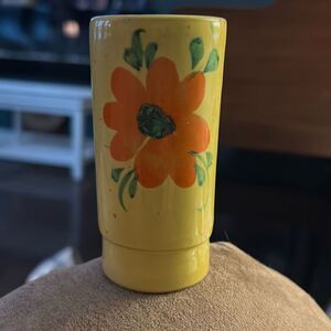 Vintage 4” Cylinder Vase Bright Yellow with‎ Orange Flower.
